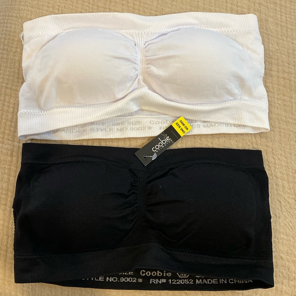 Two Coobie brand strapless bras; one white/one black.  Brand New, Never Worn.